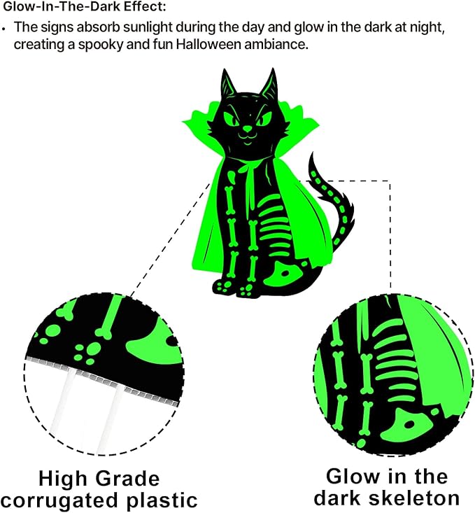 6Pcs Black Cat Halloween Decor Outdoor Glow in The Dark, 16.5”×12.6” Waterproof Spooky Graveyard Yard Stake, Scary Porch and Party Decoration, Light-Up Halloween Cat Sign