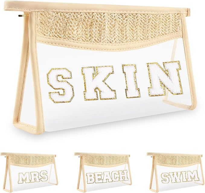 Boho Patch Skin Bag Clear Makeup Letter Bag, Waterproof Zipper Make up Bags Toiletry Pouch for Women Girls, Clear Letter Patch Cosmetic Bags Transparent Organizer Pouch for Travel(Skin, Beige)
