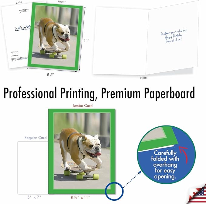 NobleWorks - Hilarious Happy Birthday Card with Envelope (8.5 x 11 Inch) - Funny Animal Greeting Card From All Of Us - Skating Bulldogs - Green Wheels J9517EBDG-US