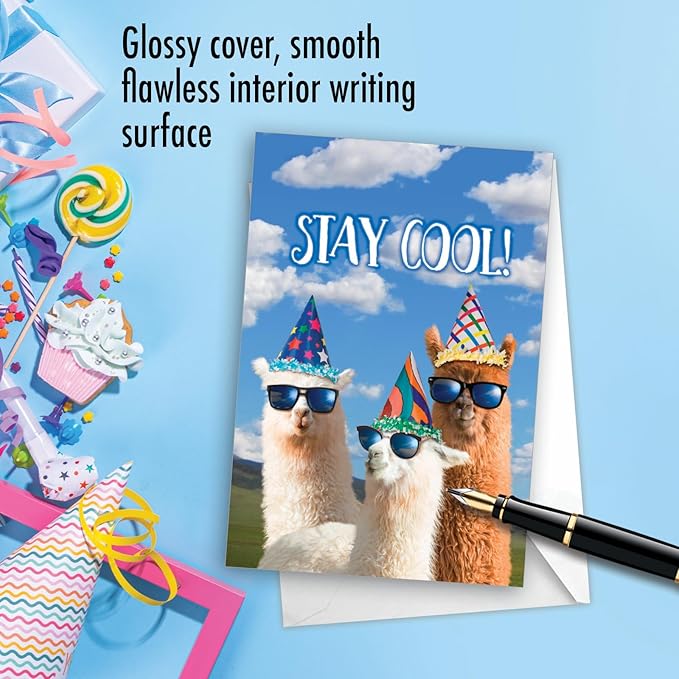 NobleWorks - 1 Happy Birthday Card with Funny Animals - Wildlife and Pet Humor, Fun Birthday Celebration Notecard - Cool Llamas C7188BDG