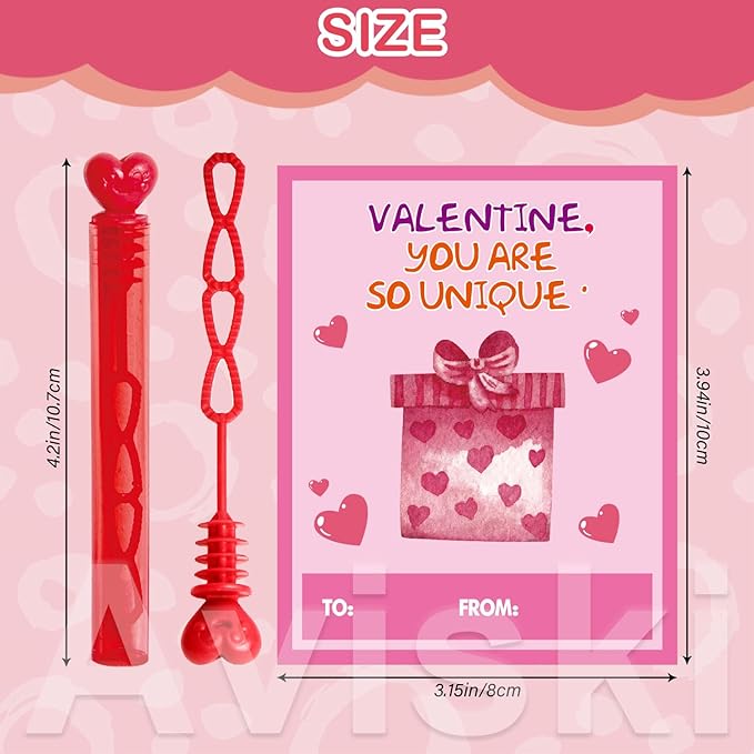 28 Pack Cards for Kids, 4 Different Designs Cute Bubble Wands with Valentines Gift Cards for Boys Girl School Classroom Exchange Prize, Fun Valentines Party Favors Toys