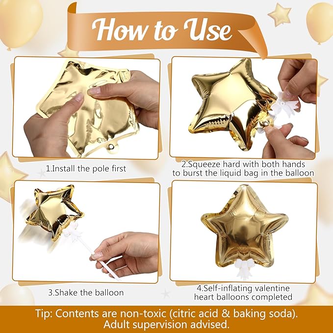 30 Pcs Star Self Inflatable Balloons with Bow Stems Star Foil Balloons Mini Pentagram Decoration for Patriotic Independence Day Graduation Birthday Baby Shower Anniversary(Gold,6 Inches)
