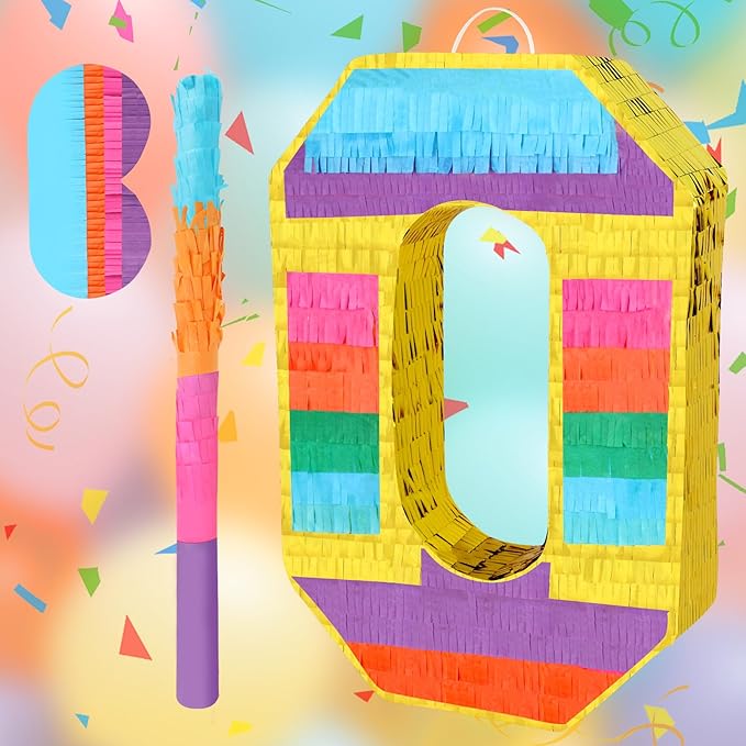 Rainbow Number 0 Pinata Birthday Decorations for Kids, Rainbow Pinata with Bat Stick Blindfold for Boys Girls Birthday Celebrations Baby Shower Party Supplies (16.1x10.6x2.9 Inches)