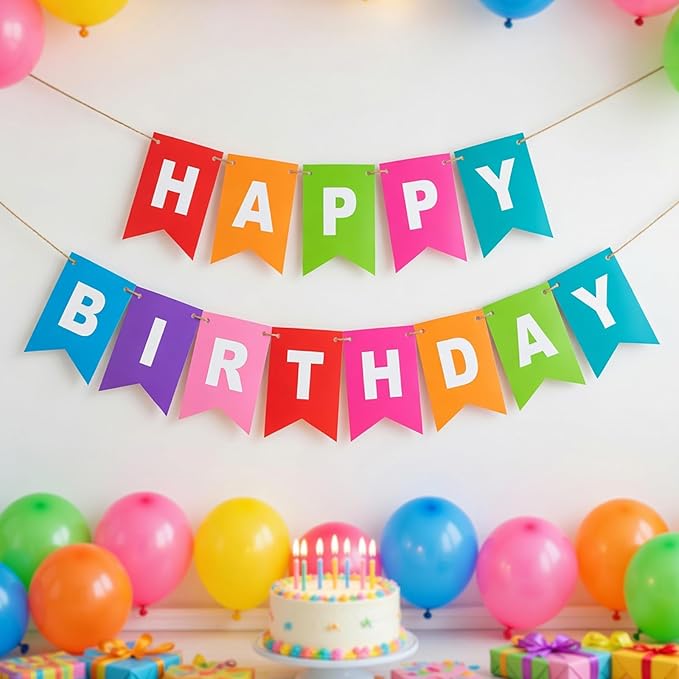 Rainbow Happy Birthday Banner Colorful Birthday Flag Bunting for Party Backdrop Decor, Happy Birthday Sign Party Supplies for Women Kids Baby Shower Hanging Decor