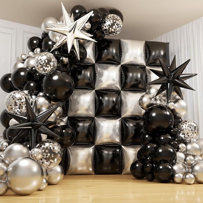 152Pcs Black and Silver Foil Square Balloon Wall Backdrop with Silver and Black Latex Balloons Arch Garland Kit, Double Sided Balloon Tunnel for Birthday Anniversary New Year Party Decorations
