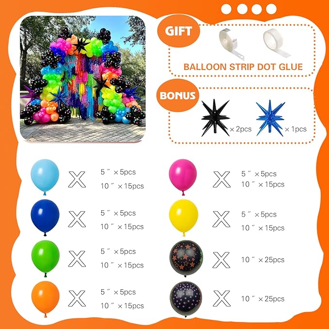 175Pcs Neon Balloons Arch Garland Kit, Glow in the Dark Balloons (Rainbow Star Dot) for Back to 80s 90s DISCO Birthday Party Decorations, Fiesta, Let's Glow Party, Rock Roll Party Supplies