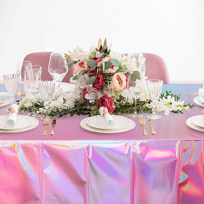 1 Pack Iridescent Pink Plastic Tablecloths, FunnyPars Shiny Disposable Laser Rectangle Table Covers, Holographic Foil Tablecloth Iridescent Party Decorations for Kpop Birthday Wedding Xmas, 54x108Inch