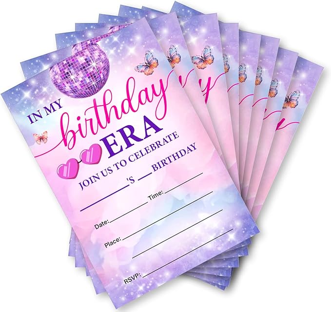 Soiceu Teen Girl Birthday Party Invitations Pink Purple Disco Music in My Birthday Era Invites with Envelopes Set of 20