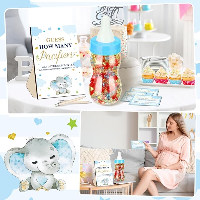 Syhood Blue Color Elephant Theme Baby Shower Games Guess How Many Pacifiers Game Sign 50 Small Guessing Games 20 HB Pencils 750 ml Milk Bottle 400 Pacifiers Decorations Guests Gender Reveal Party