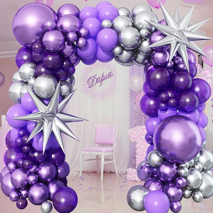 Dark Purple Balloon Arch Kit with 2pcs Spike Balloons, 110pcs Pastel Purple and Metallic Purple Silver Garland for Girls Women Wedding Anniversary Birthday Baby Shower Party Decorations Supplies