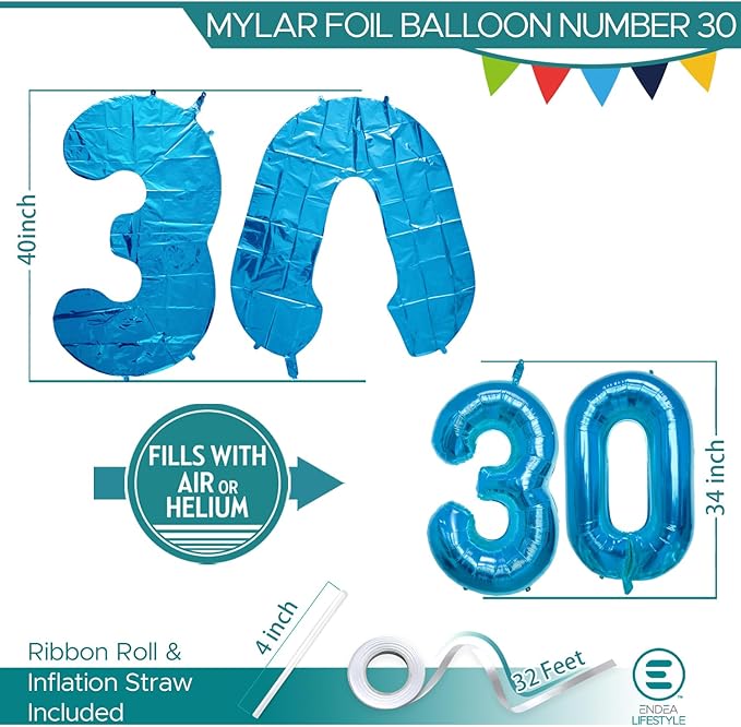 40 Inch Large Blue Number Celebration and Decoration Balloon for Birthday Parties, Graduations, Anniversaries, Weddings, Photo Shoots, Special Events - Helium Foil Mylar (Blue Number 30)