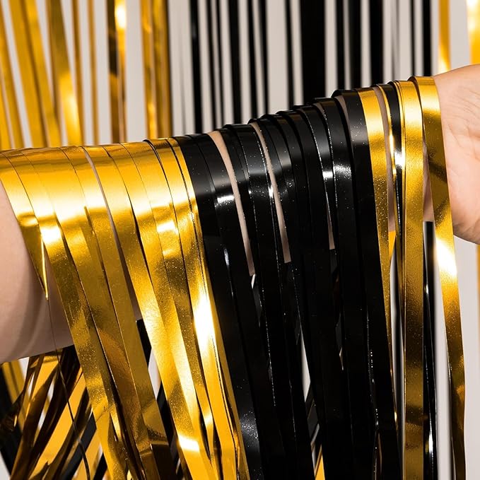 BRAVESHINE 3.2 x 8.2ft Black Gold Foil Fringe Curtains - 2 Pack Tinsel Photo Booths Party Streamers Backdrop for New Years/Boy/Men/Birthdays/Engagement/Homecoming/Farewell/Prom/Christmas Decorations