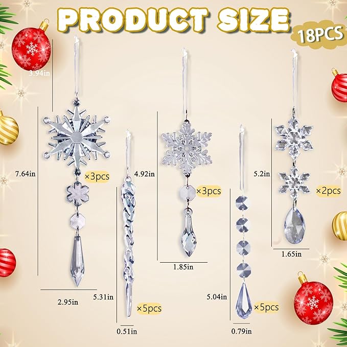 18pcs Crystal Christmas Ornaments for Christmas Tree Decorations-Royal Blue Hanging Acrylic Snowflake and Icicle Ornaments with Drop Pendants for New Year Party Decorations Supplies