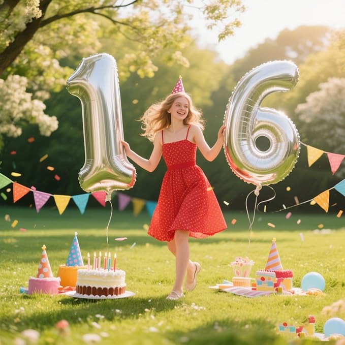 40 Inch Silver Number 16 Digital Balloon,Jumbo Mylar Foil Helium Balloon for 16 Balloons for Birthday Party,Wedding Anniversary Party Decorations