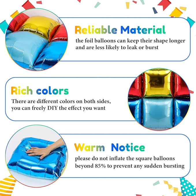 36 Pcs Gold Ring Birthday Decorations Balloons Brick Square Foil Balloon Wall Backdrop Arch Kit Double Sided Metallic for Cartoon Video Game Party Supplies(Red Yellow Blue)