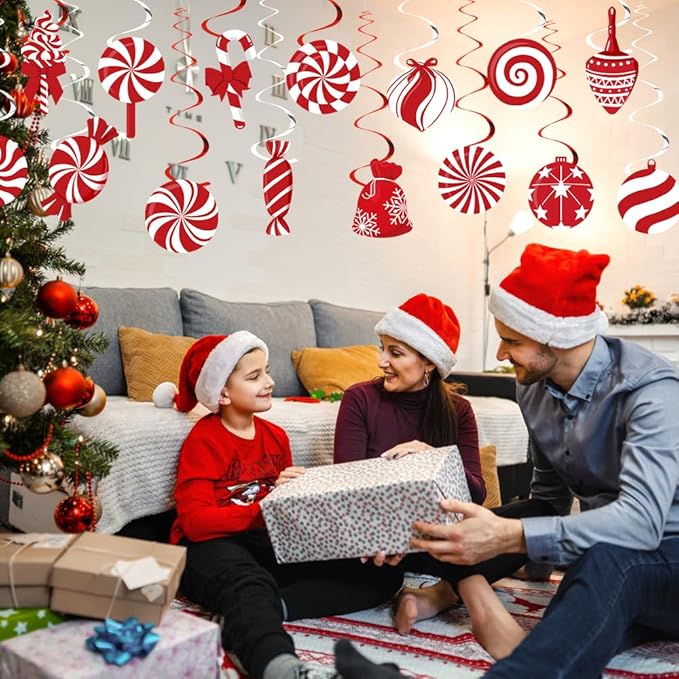 DIYDEC 60pcs Christmas Candy Hanging Swirl Decoration Xmas Candy Ceiling Hanging Streamers Christmas Red White Peppermint Candy Cutouts Ornaments for Christmas Holiday Party Classroom Home Decor