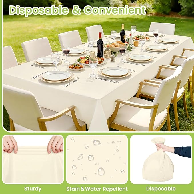 Mulbozy Cream Plastic Table Cloth Disposable 4 Pack, 54 × 108 Inch Tablecloths Rectangle, Ivory Plastic Table Cover for Party Decor
