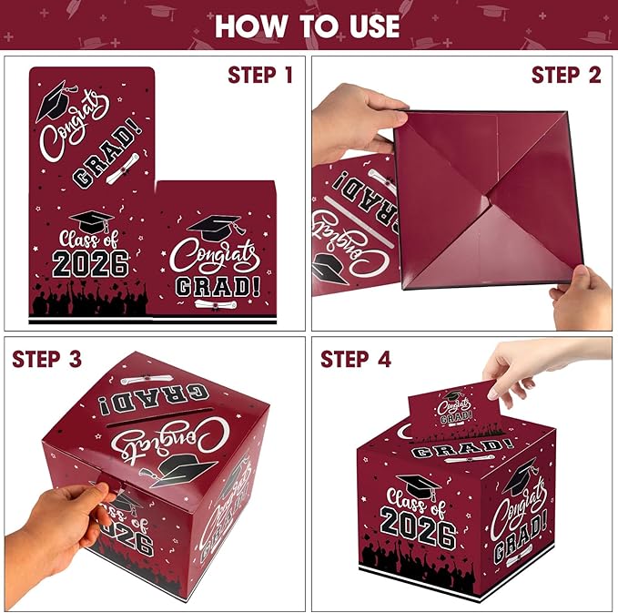 Graduation Card Box 2026 - Congrats Grad Card Boxes Holder, Maroon and Black Class of 2026 Graduation Gift Cards Box for Graduation Party Decorations 2026 Favors Decor Supplies Props,9x 9 x 9 inches