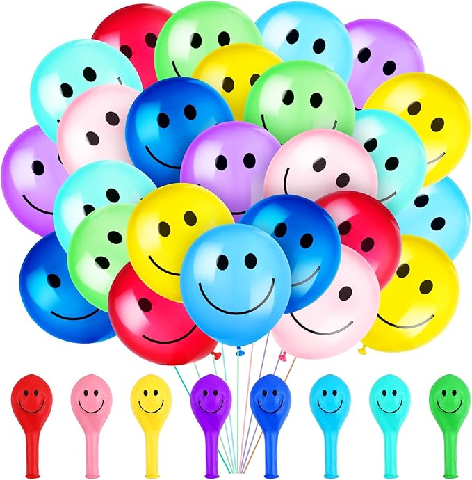 Sratte 100 Pcs Happy Smile Balloons for Birthday Party 12'' Latex Smile Face Colorful Naughty Balloons Party for Baby Shower Wedding Decoration Festive Supplies (Assorted Color)
