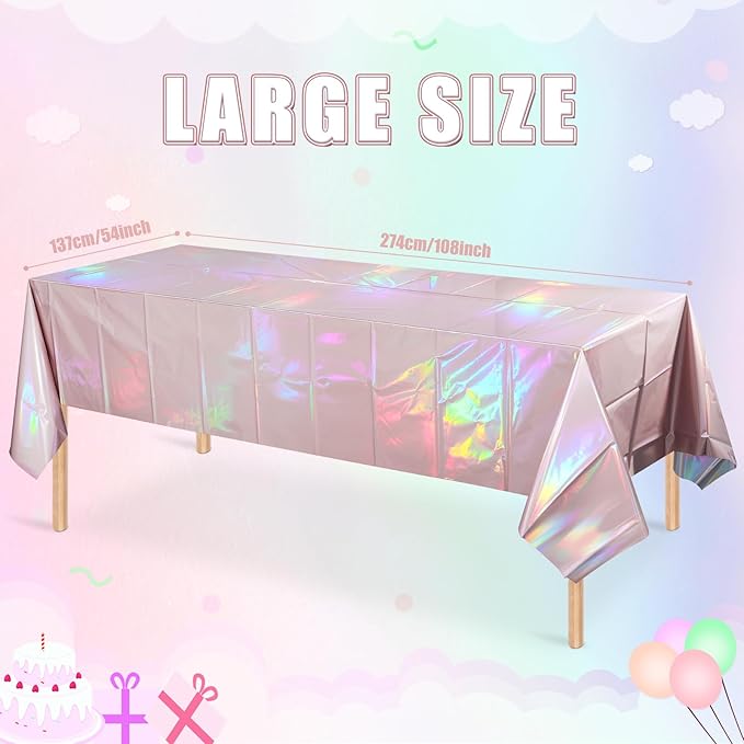 3 Pack Iridescent Light Pink Tablecloth for Parties, Pastel Pink Holographic Plastic Table Cover, Disposable Laser Baby Pink Table Cloth for Birthday Wedding Baby Shower Party Decorations, 54x108 Inch