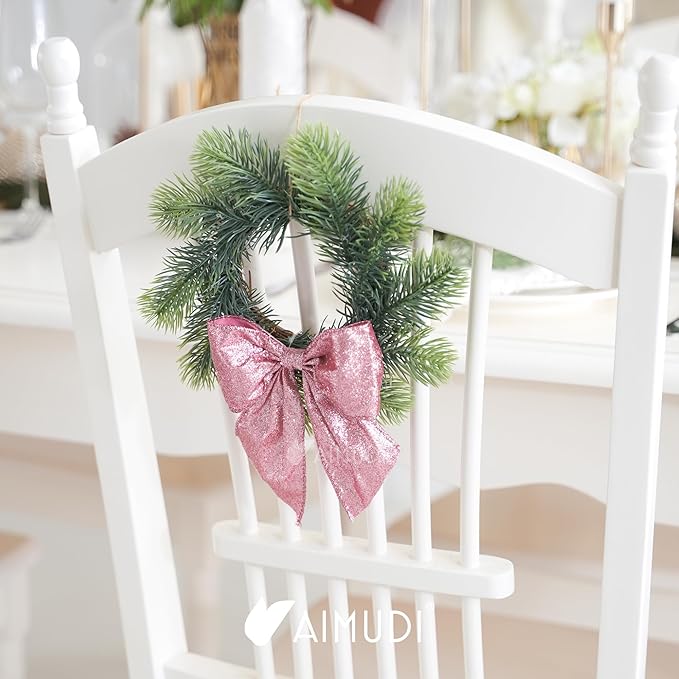 AIMUDI Pink Glitter Wired Ribbon Bows with Twist Tie 5.5" Premade Metallic Christmas Bows for Gift Wrapping, Wreath, Garland, Holiday Crafts Party Home Outdoor Christmas Tree Decorations, 12 PCs