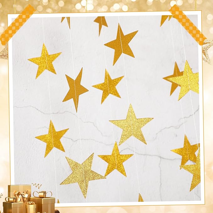 Spakon 65 Feet Glitter Star Paper Garland Banner Hanging Decoration Star Streamers Double Side 2026 Graduation Decorations for Wedding Birthday Festival New Year Party Decoration(Glitter Gold)