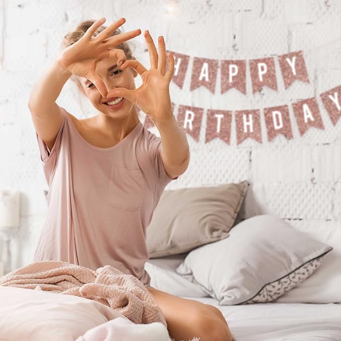 Pre-strung Happy Birthday Banner - No DIY - Rose Gold Glitter Birthday Party Banner - Pre-strung Garland on 6 ft Strands - Rose Gold Bday Party Decorations & Decor. Did We Mention No DIY