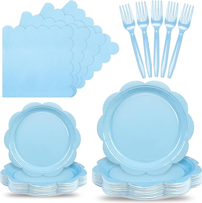 96 Pcs Light Blue Paper Plates and Napkins Set Party Supplies, Tableware set for 24 Guest include Disposable Light Blue Scalloped Plates, Napkins and Forks for Baby Shower Bridal Shower Wedding