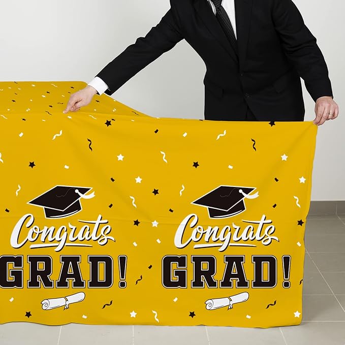 Gatherfun Graduation Party Decorations, Gongrats Grad Tablecover for Graduation Party Supplies, 3 pcs Yellow Table Cloths, 54"x108"