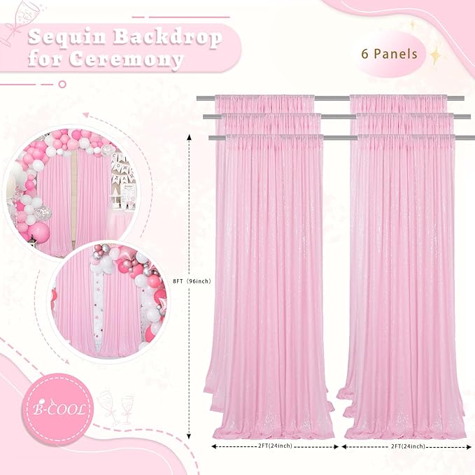 B-COOL Pink Sequin Backdrop Curtain 6 Panels 2ftx8ft Curtain Drapes Glitter Fabric for Wedding Birthday Baby Shower Sweetheart Party Decorations