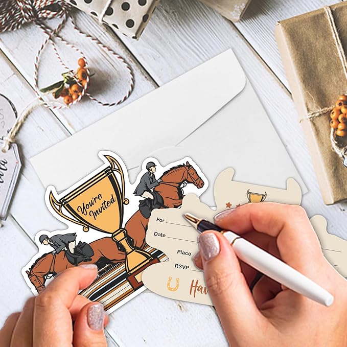 REWIDPARTY Horse Race Party Invitations with Envelopes & Stickers（Set of 15）Horse Racing Champion Shaped Fill-in Invitations Kentucky Derby Invite Cards Horse Race Party Supplies for Teens Adults