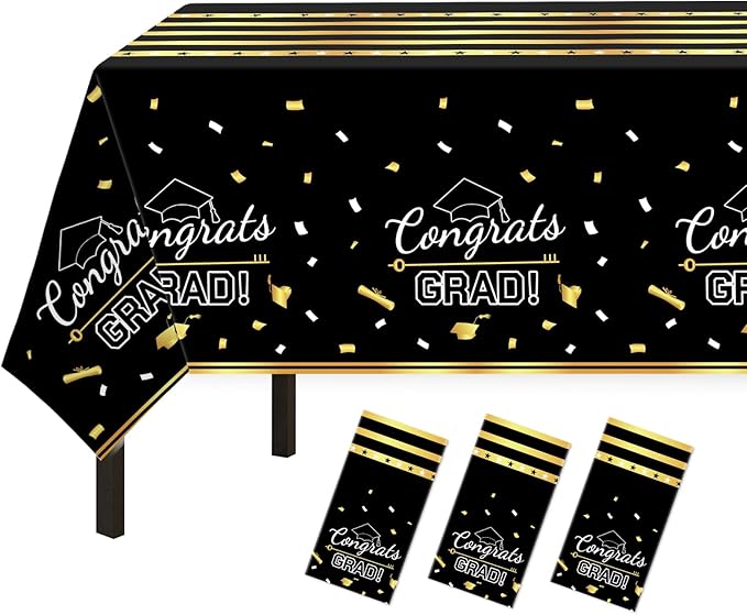 Childom 3 Pack Graduation Tablecloth,Graduation Decorations Class of 2026 Graduation Party Decorations,54"x108" Black and Gold Plastic Table Cloth Disposable Rectangle for Home,School,Party Supplies