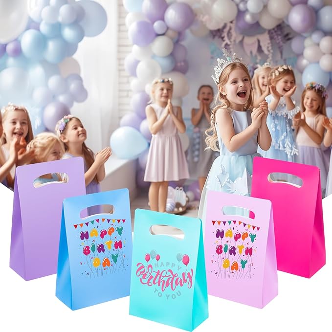 UnicoPak 15 Pack Pastel Party Favor Bags - 6x3x9" Matte Goodie Bags in 5 Assorted Colors for Birthday, Wedding, Baby Shower - Sturdy Teal Pink Purple Blue Gift Bags with Handles, Customizable for Treats & Cookies