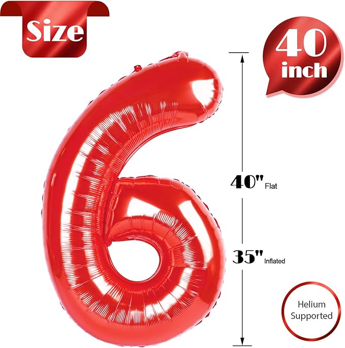 Red Number 6 Balloon 40 Inch, 6 Balloon Number, 6th Birthday Decorations, Red Party Supplies for Boys Girls