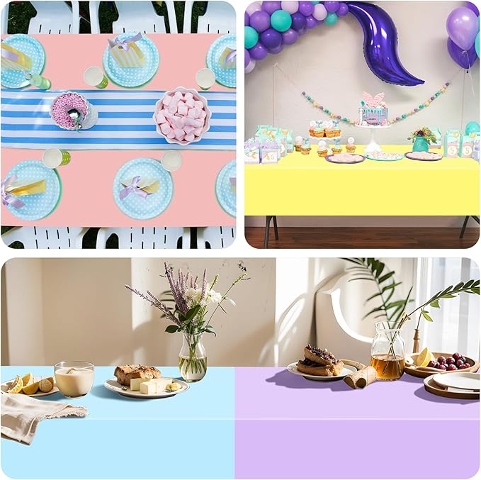 mwellewm 4 Pcs Pastel Table Cloths for Parties Plastic 54x72 Inch Rainbow Pastel Tablecloth Disposable Colorful Rectangle Table Cover Decoration for Birthday Baby Shower Wedding Princess Ice Cream