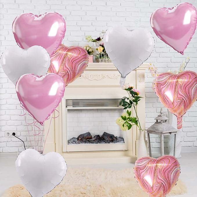 Pink White Agate Heart Shape Balloons - 10PCS Pink & White Foil Heart Balloons for Valentine's Day Decorations - 18inch