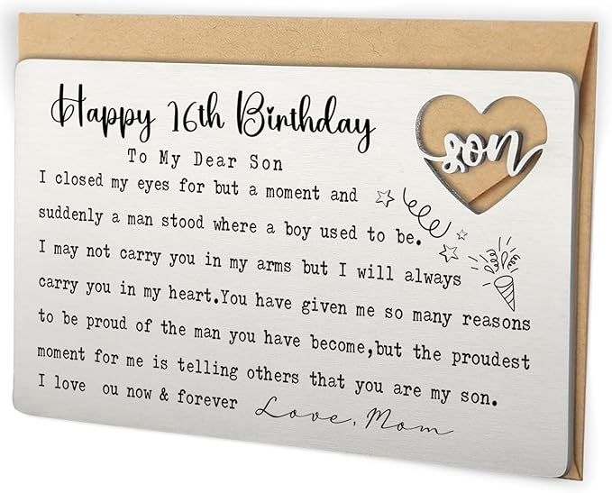 Happy 16th Birthday Wallet Insert for Son from Mom, Stainless Steel Laser-Engraved Postcard with Heart Cutout, Sweet Sixteen Birthday Gift for Teen Boy, Sentimental Pocket Keepsake Card QBK08