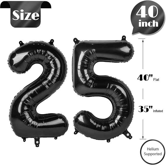Black Number 25 Balloon 40 inch, 25 Number Balloons, 25th Black Birthday Decorations for Women Men, 25 Year Old Black Party Supplies