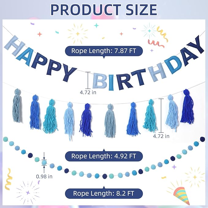 Pre-Strung Happy Birthday Banner Felt Ball Garland Banner Sign for Blue Birthday Party Decorations Blue Dog Party Decor