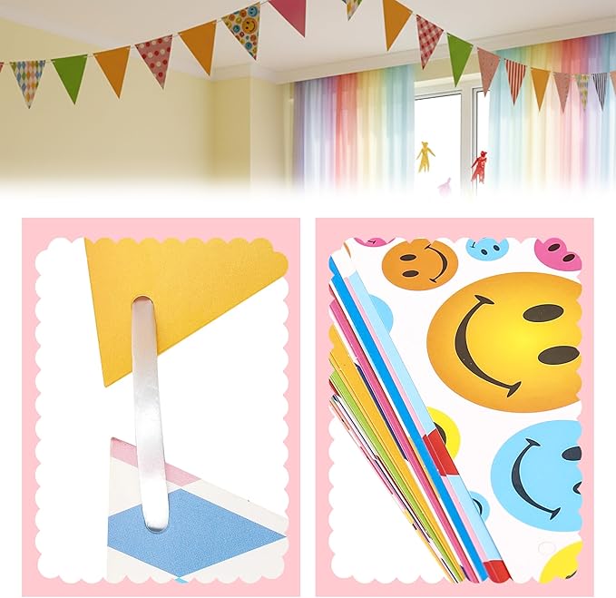 Colorful Paper Flag Banner, 24 Pcs Triangle Banner Birthday Garland with 32.8ft Ribbon, Smiley Face Pennant Flags for Kids Party, Nursery, Preschool Classroom Wall Decorations