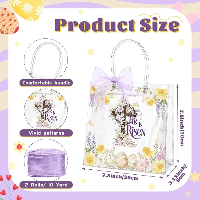 Henoyso 24 Pcs Easter He Is Risen Clear Gift Bags Christian Religious Plastic Goodie Treat Candy Bags with Handles Reusable PVC Party Favor Tote for Birthday Party Gift Wrapping, 7.8 x 7.8 x 3.1 Inch