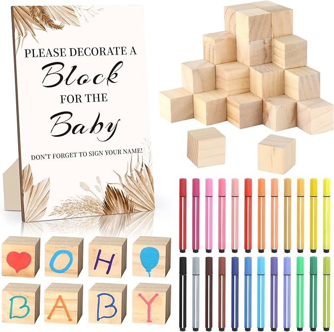 Baby Shower Games Sign Kit with 50 Blank Wooden Blocks, 24 Acrylic Paint Marker and Wooden Sign, Blocks for Baby Shower Games, Gender Reveals Party (Boho)