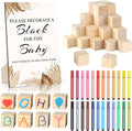 Baby Shower Games Sign Kit with 50 Blank Wooden Blocks, 24 Acrylic Paint Marker and Wooden Sign, Blocks for Baby Shower Games, Gender Reveals Party (Boho)