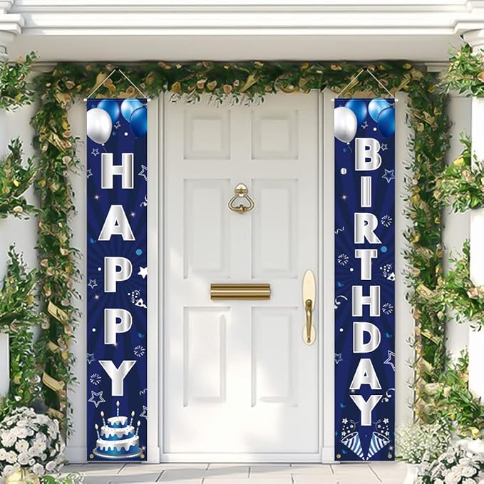 Blue Silver Birthday Decorations Banner, Happy Birthday Door Sign, Polyester, 72 x 12 Inch, for Men Women Boys Girls, Reusable, Ideal Party Supplies