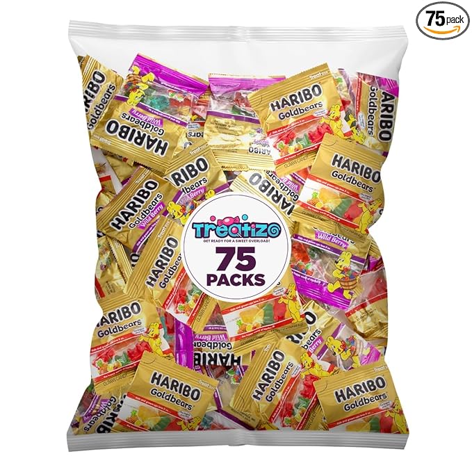 Goldbears Gummi Bears HariboCandy 75 Count Treat Size - 0.4 oz Individually Wrapped Bags -Assorted Fruit Flavors - Perfect for Snacks, Treats, Goodie bags