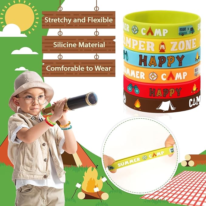 JUNEBRUSHS 42pcs Camping Party Favors Silicone Bracelets for Adults Camping Adventure Birthday Party Decorations Gift Supplies