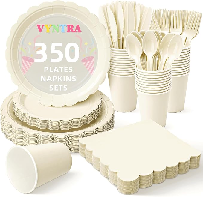 Vyntra 350 Pcs Ivory Disposable Paper Plates and Napkins Set for 50, 9" Dinner Plates & 7" Dessert Plates, Tableware for Wedding, Bridal Shower, Anniversary, Party