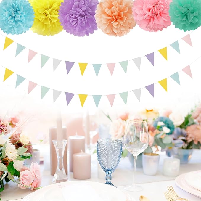 Pastel-Rainbow Party-Decorations Banner,2 Pack Baby Shower Decorations for Girl Birthday Paper Triangle Pennant Flags Streamers,Bachelorette Wedding Engagement Decor Lasting Surprise