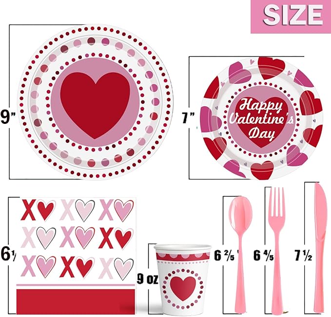 Valentines Day Paper Plate Tableware Set - 177 pcs Heart and Love Disposable Dinnerware with 2 Tablecloth - Red Paper Plates Napkins Cups for Valentines Day Kids School Office Party Supply