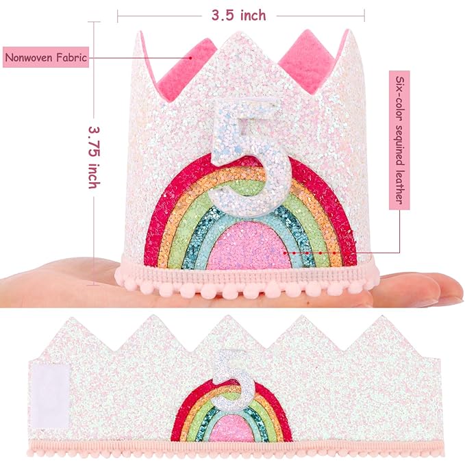 Rainbow Birthday Hat for 5 Year Old Girl - 5th Birthday Decorations, Princess Tiara Crown, Birthday Headband, Party Photo Props Accessories